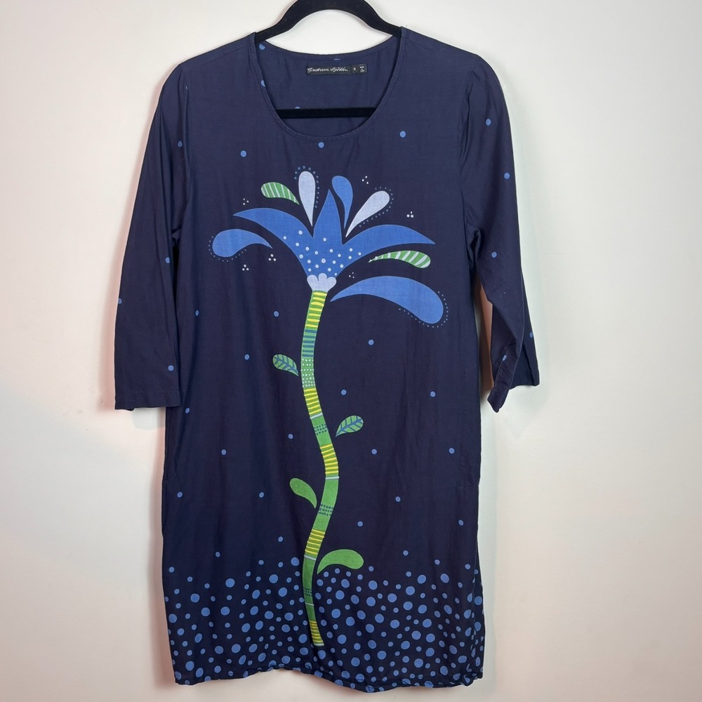 Gudrun sjoden womens organic cotton blue flower print shift dress sz small boho